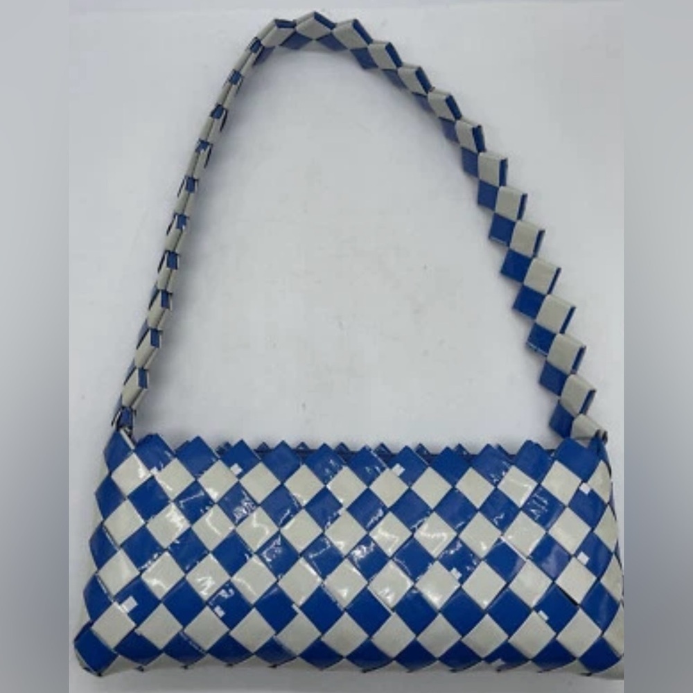 Blue White Woven Purse Boho Bag Retro‎ Vintage Style Checkered Handmade Look